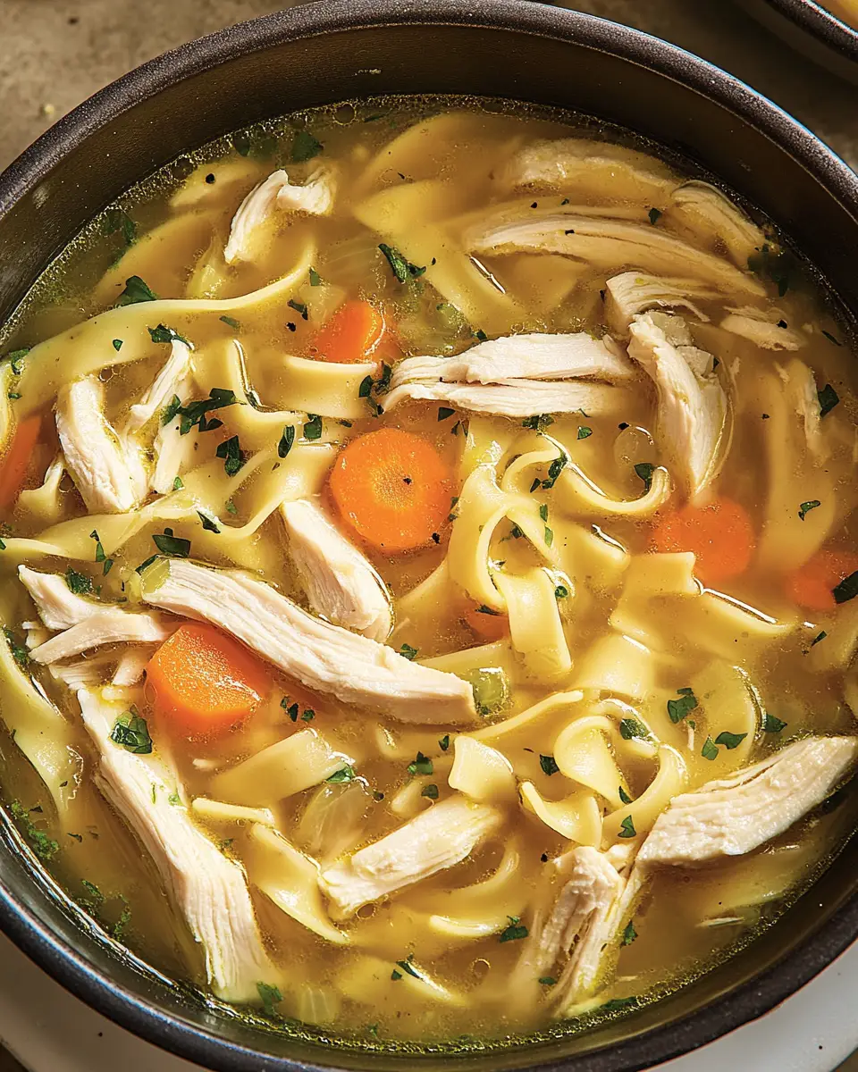 A steaming bowl of homemade chicken noodle soup filled with tender chicken, noodles, and vegetables.