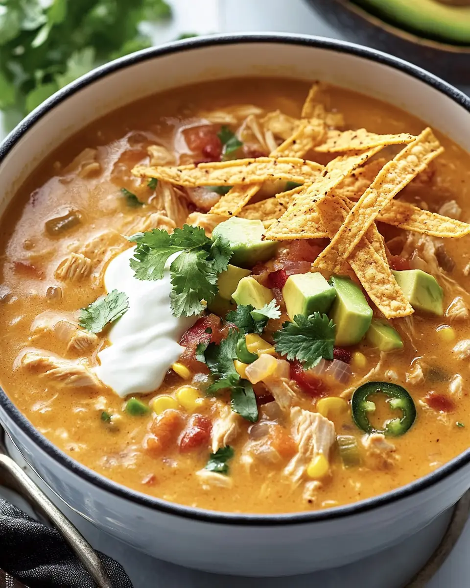 Creamy Chicken Tortilla Soup A close-up a bowl of creamy chicken tortilla soup garnished with crushed tortilla chips