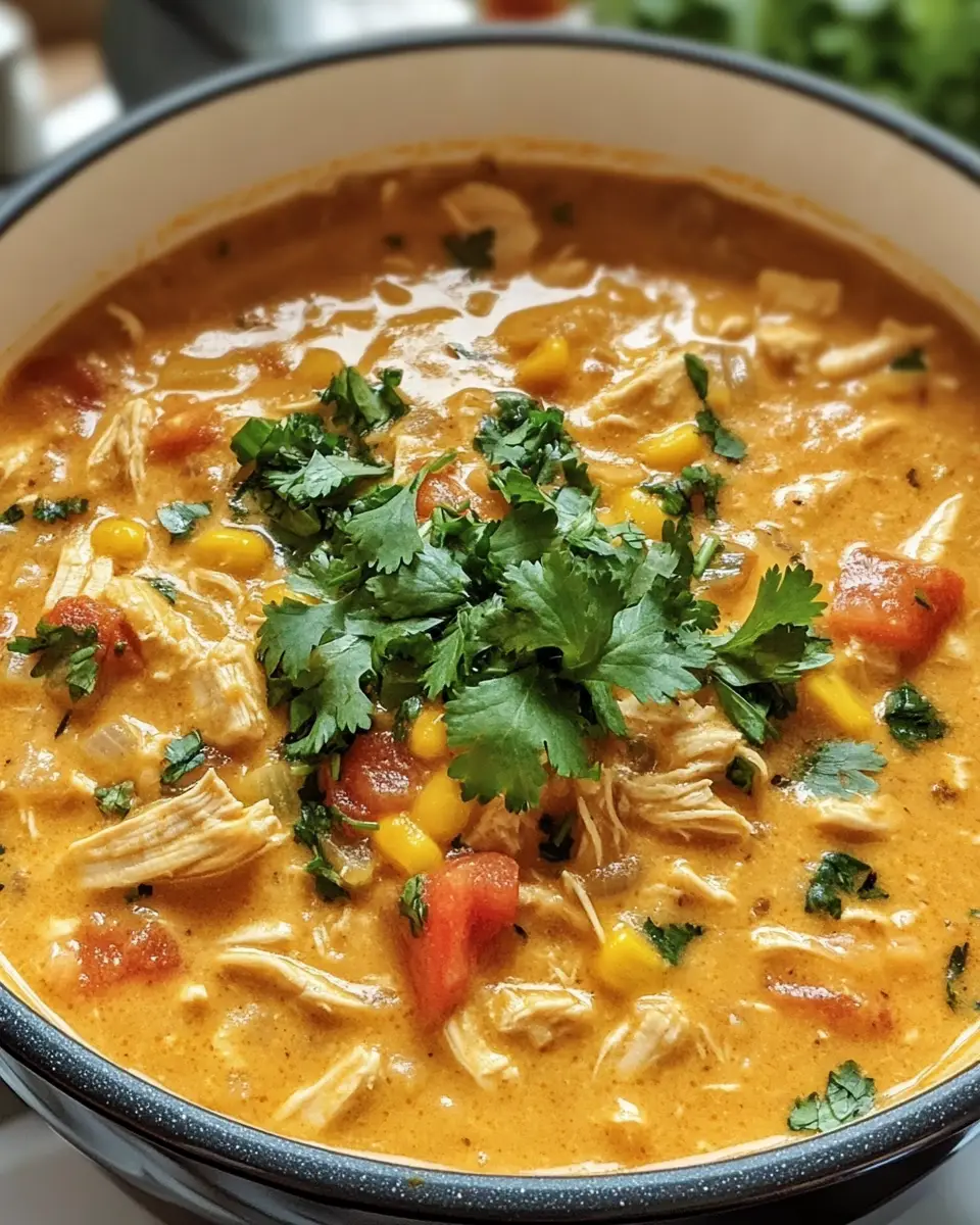A bowl of creamy chicken tortilla soup garnished with avocado, shredded cheese, cilantro, and crushed tortilla chips.