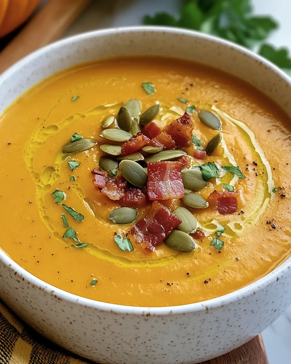 A bowl of creamy spiced pumpkin soup topped with a swirl of heavy cream and fresh parsley.