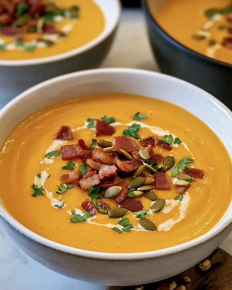 Creamy Spiced Pumpkin Soup A bowl of creamy spiced pumpkin soup topped with a swirl of heavy cream