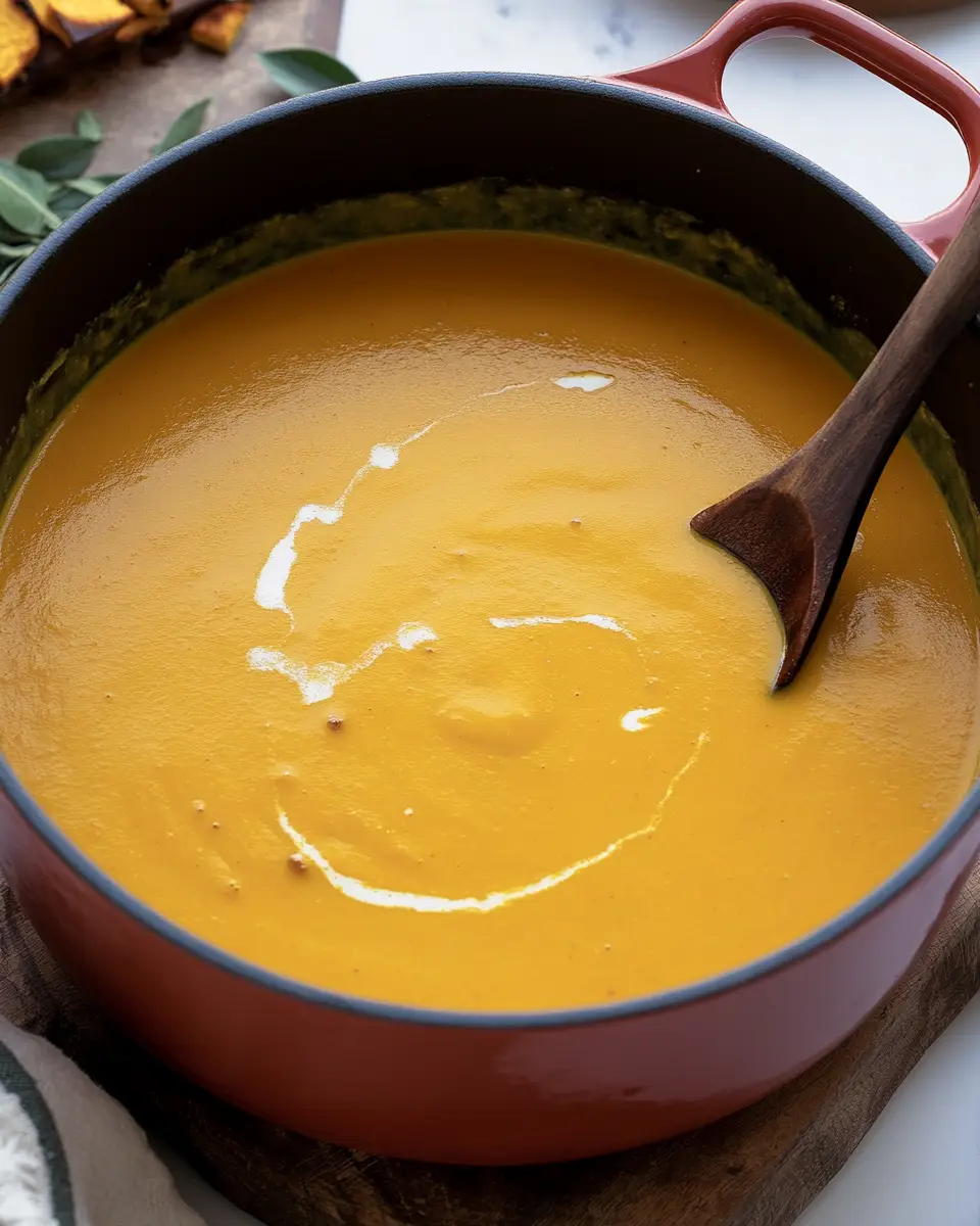 Creamy Spiced Pumpkin Soup A spoonful of rich, velvety spiced pumpkin soup being lifted from the pot, showing its smooth texture.