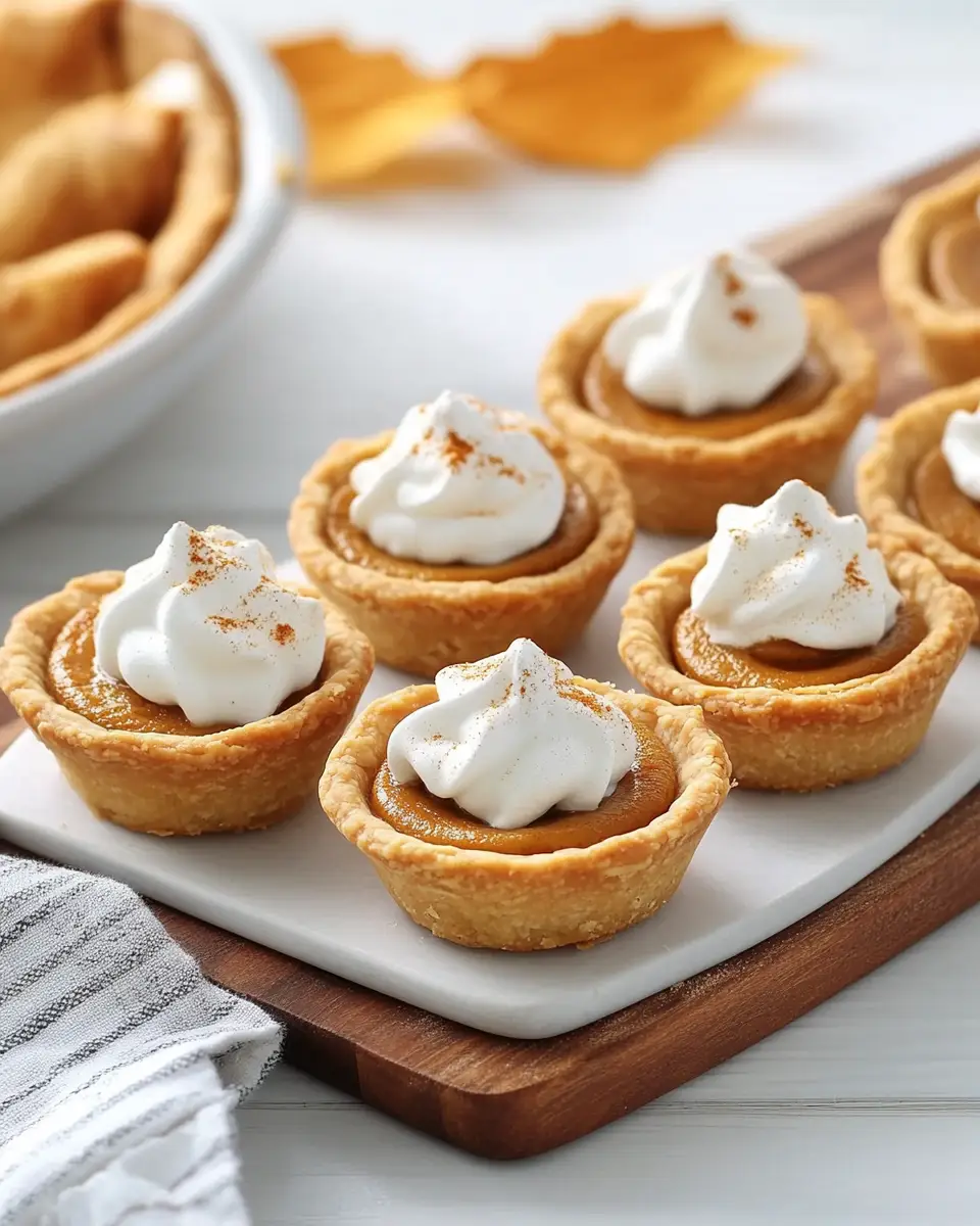 A close-up shot of several mini pumpkin pies in a muffin tin, each topped with a swirl of whipped cream and a sprinkle of cinnamon.