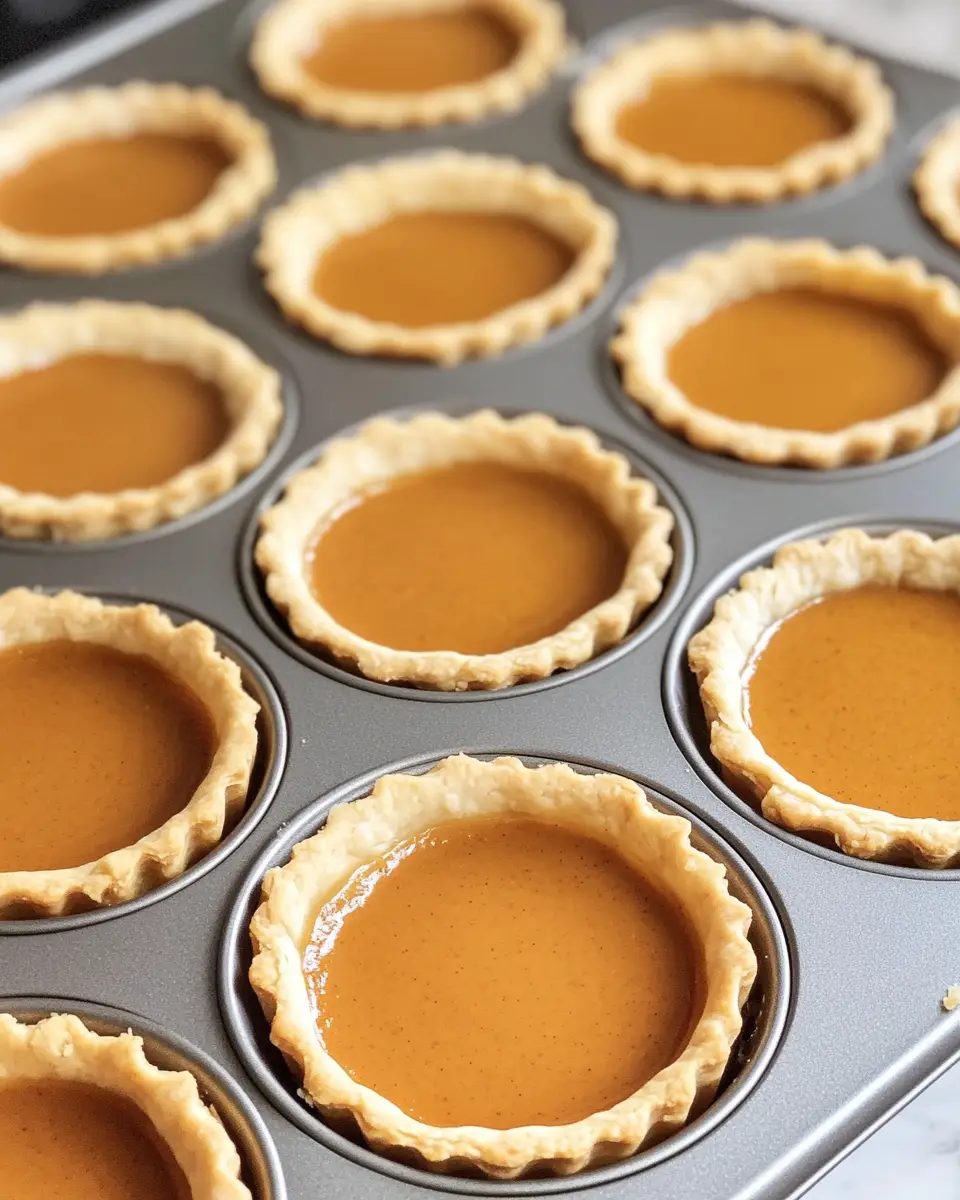 Easy Mini Pumpkin Pies A baking pan with filled mini pumpkin pies, just before they go into the oven