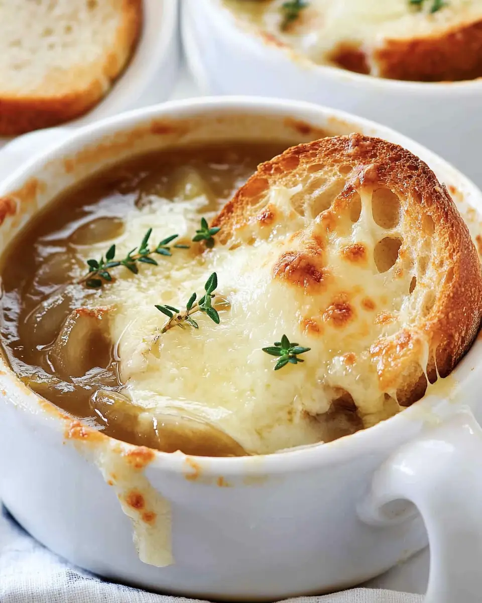 A bubbling bowl of French Onion Soup with a thick layer of melted Gruyère cheese and toasted bread.