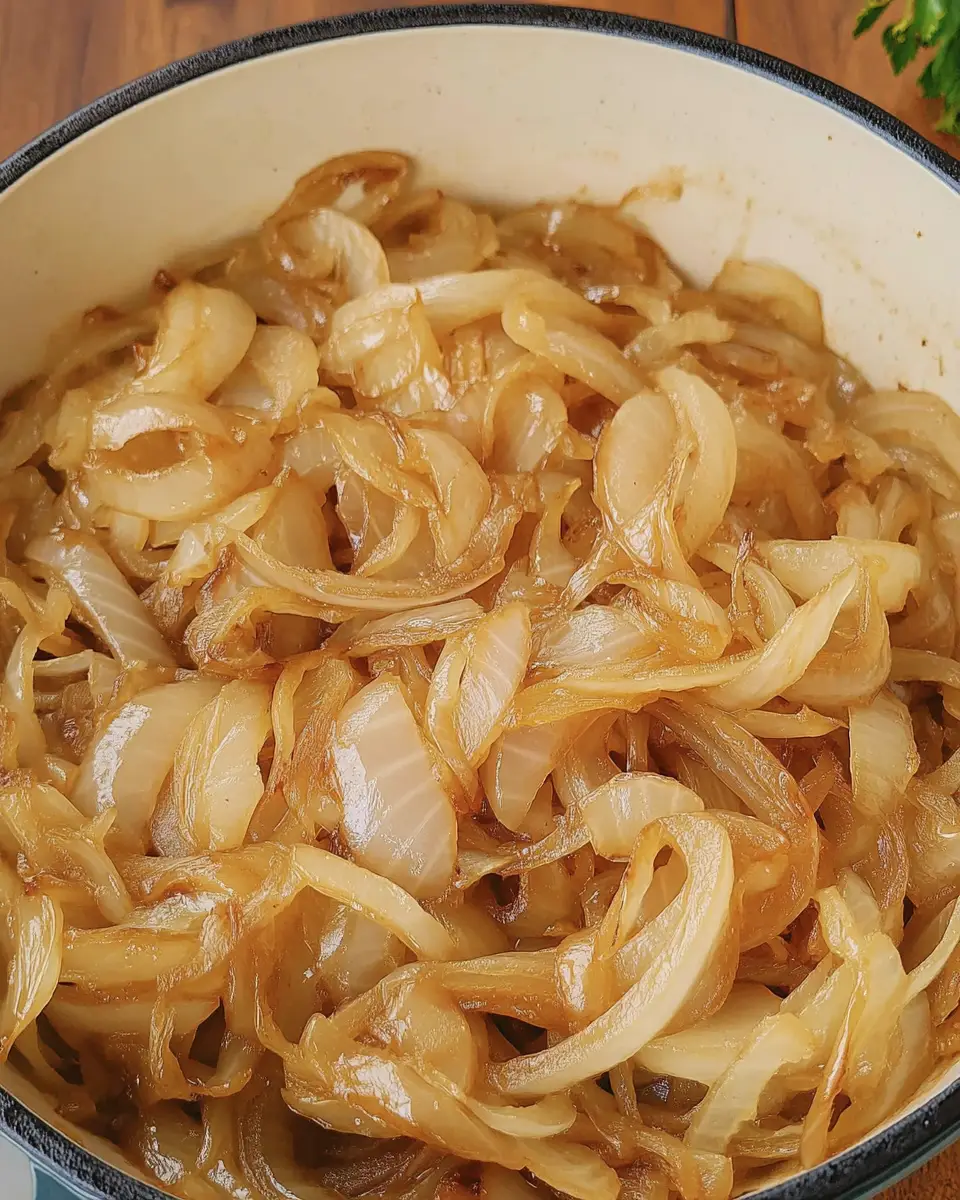 Sliced yellow onions slowly caramelizing in a large pot, turning French Onion Soup to a rich golden brown.