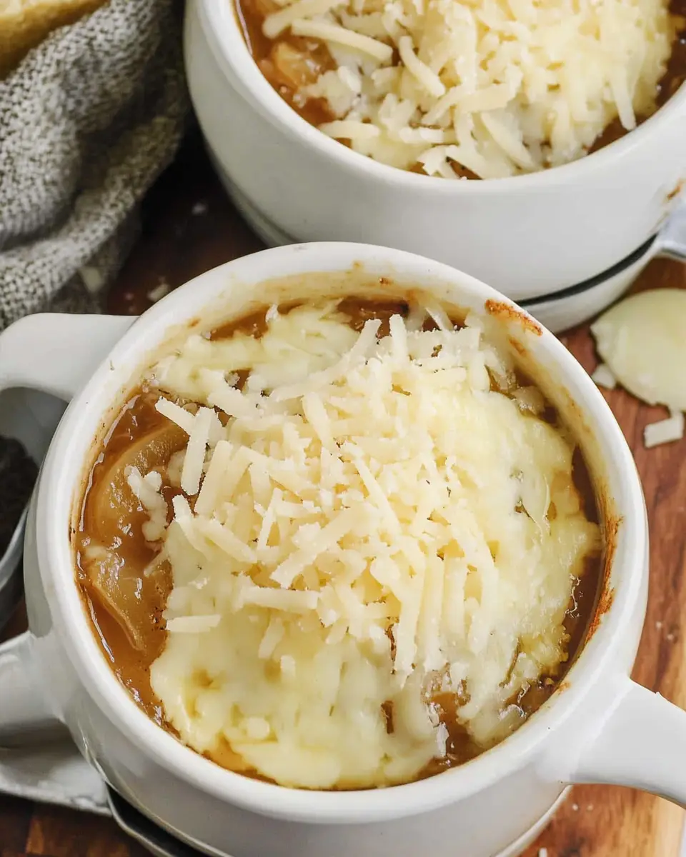 Classic French Onion Soup recipe topped with shredded Gruyère cheese
