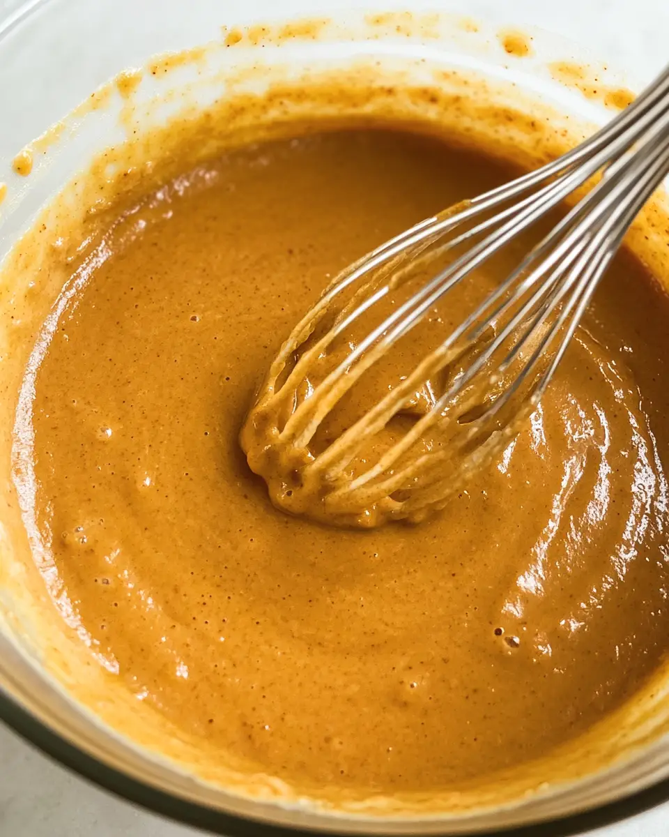 Pumpkin Caramel Poke Cake A bowl of pumpkin caramel poke cake batter with a whisk beside it, showing the smooth, orange-colored mixture.
