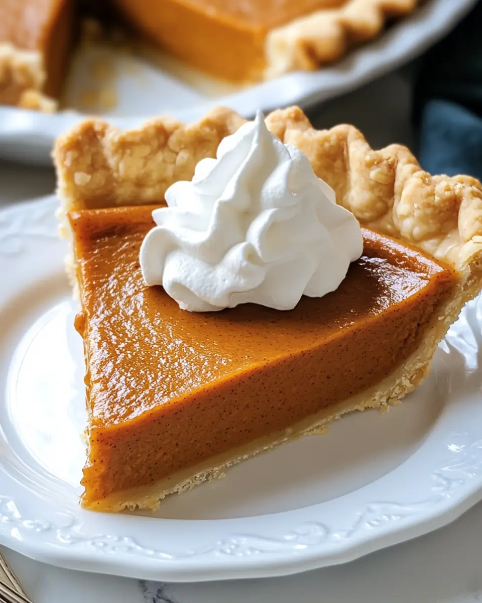 A single slice of pumpkin pie on a plate, topped with a generous swirl of whipped cream, showing the smooth texture of the filling.