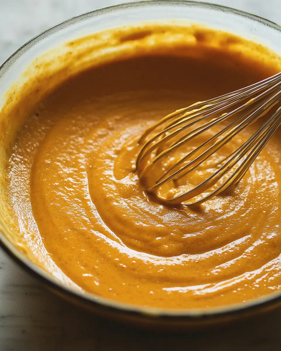 Pumpkin Pie A large bowl with a whisk, showing the beautiful orange color of the pumpkin pie filling before it is poured into the crust.