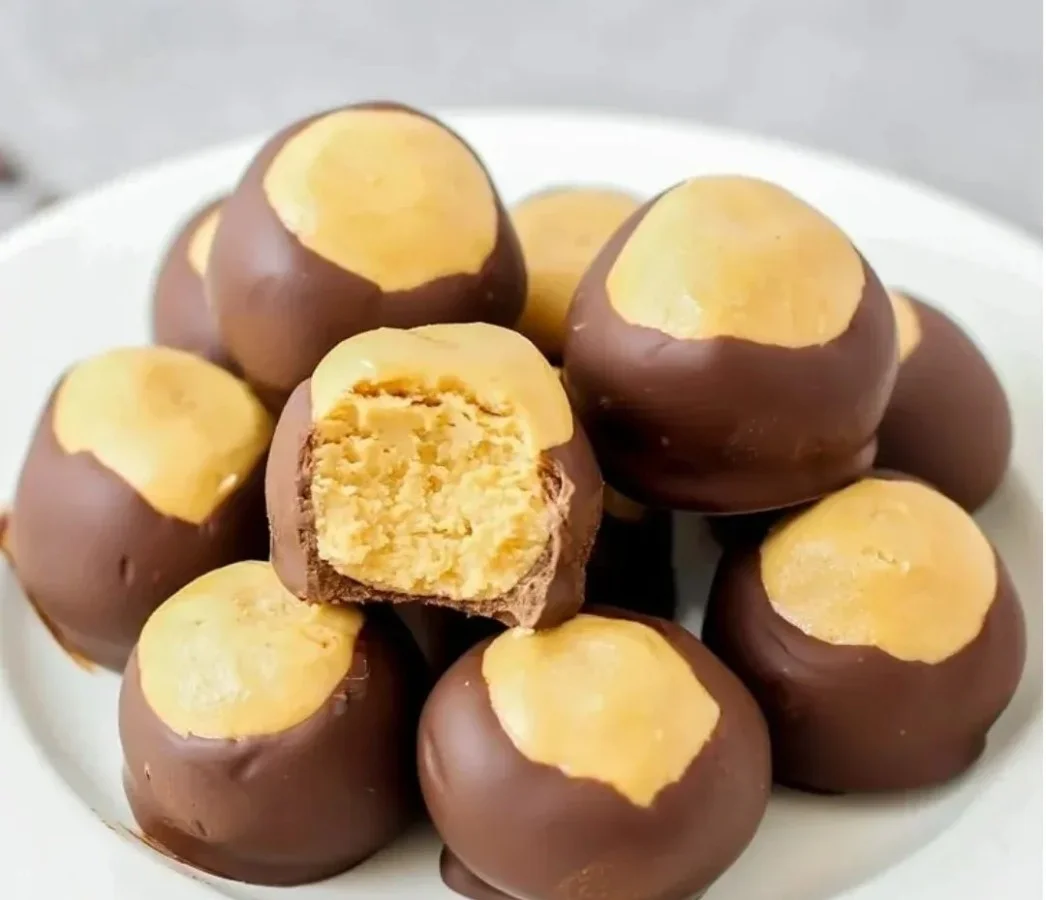 Delicious homemade Buckeyes made of peanut butter and chocolate.