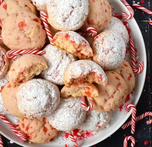 Candy Cane Peppermint Snowballs, festive holiday treat with mint flavor.