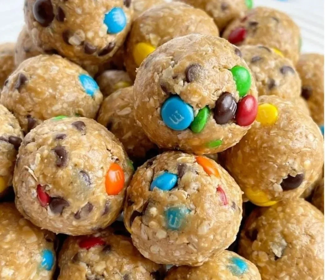 Healthy Monster Cookie Energy Balls made with oats, peanut butter, and chocolate chips.