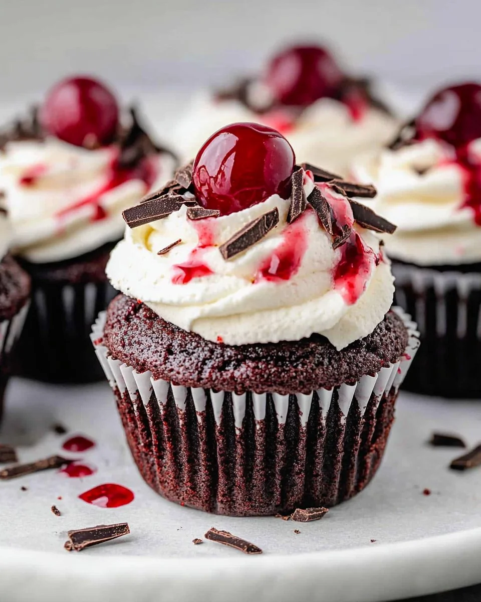 Delicious Black Forest Cupcakes topped with cherries and whipped cream