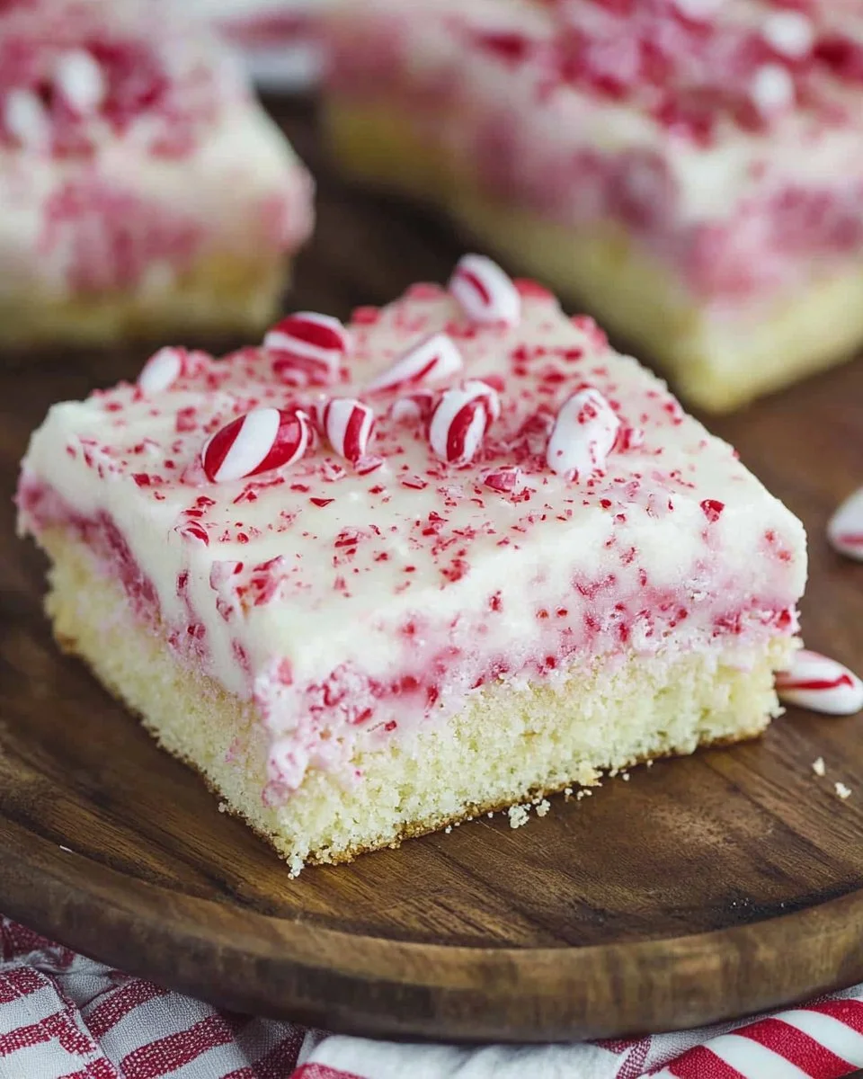 Delicious Candy Cane Sheet Cake topped with peppermint frosting and holiday decorations