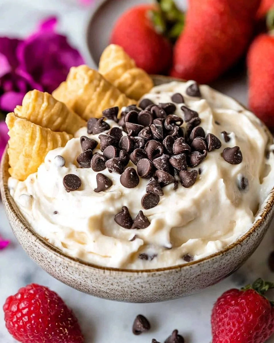 Delicious cannoli dip served in a bowl with dessert toppings.