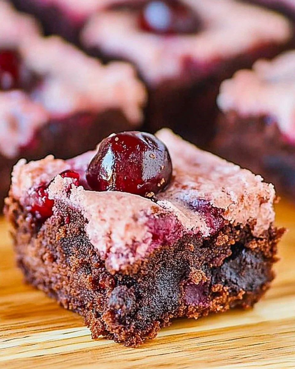 Chewy chocolate cherry brownies topped with fresh cherries and chocolate drizzle