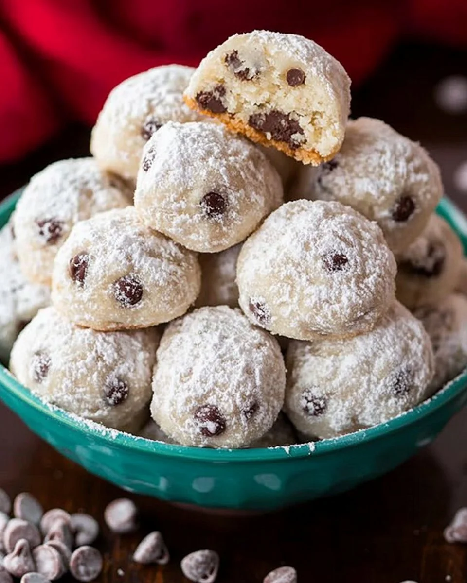 Delicious Chocolate Chip Snowball Cookies dusted with powdered sugar