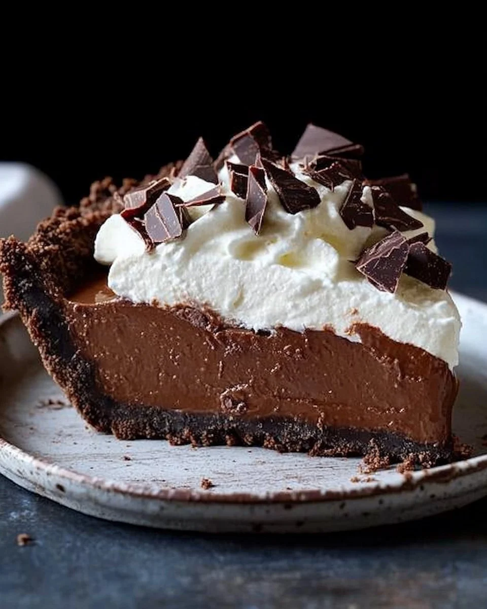 Delicious homemade chocolate pie topped with whipped cream