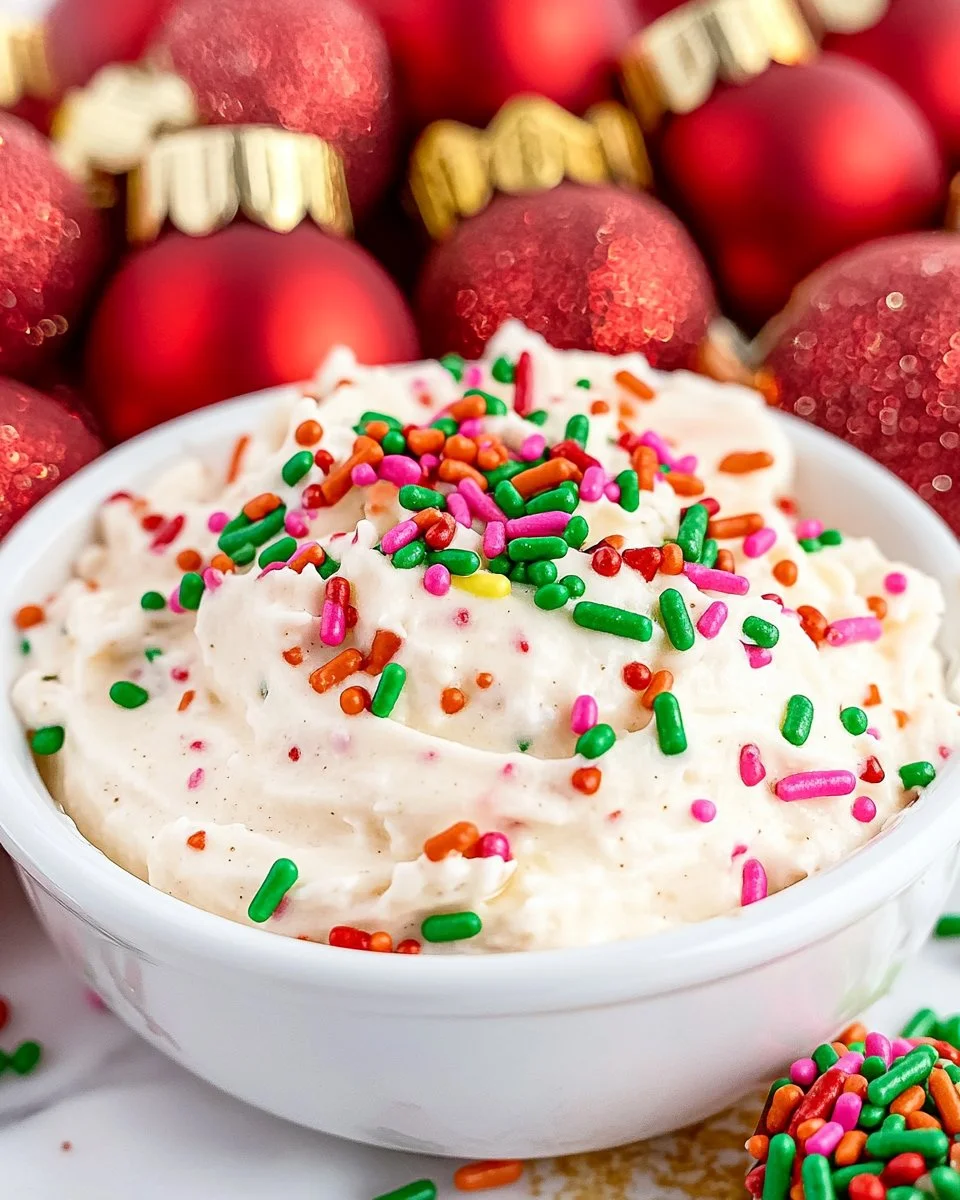 Festive Christmas sugar cookie dip served with colorful sprinkles and cookies.