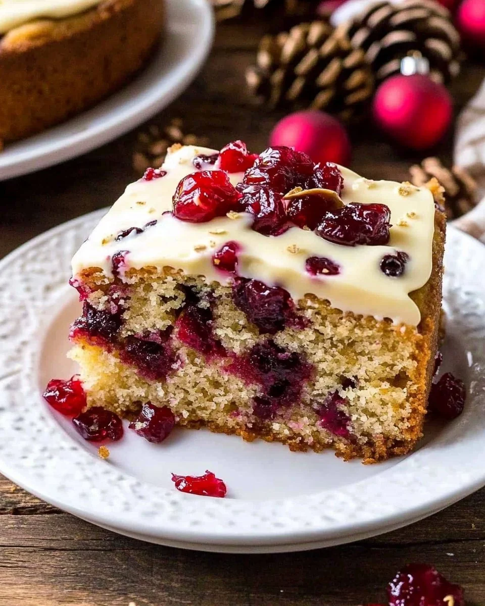 Delicious Cranberry Christmas Cake decorated with festive ingredients