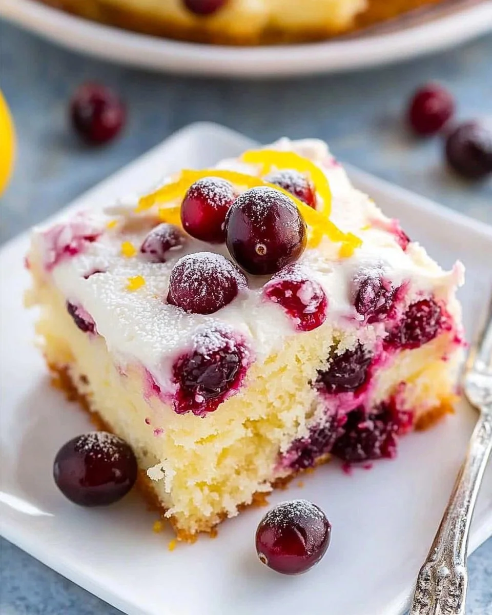 Slice of moist cranberry orange cake topped with fresh cranberries and orange zest.