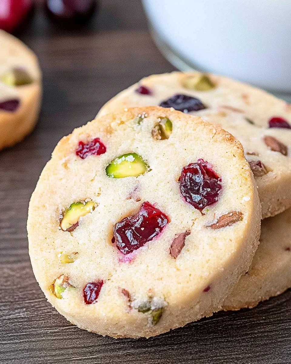 Cranberry Pistachio Shortbread cookies on a decorative plate.