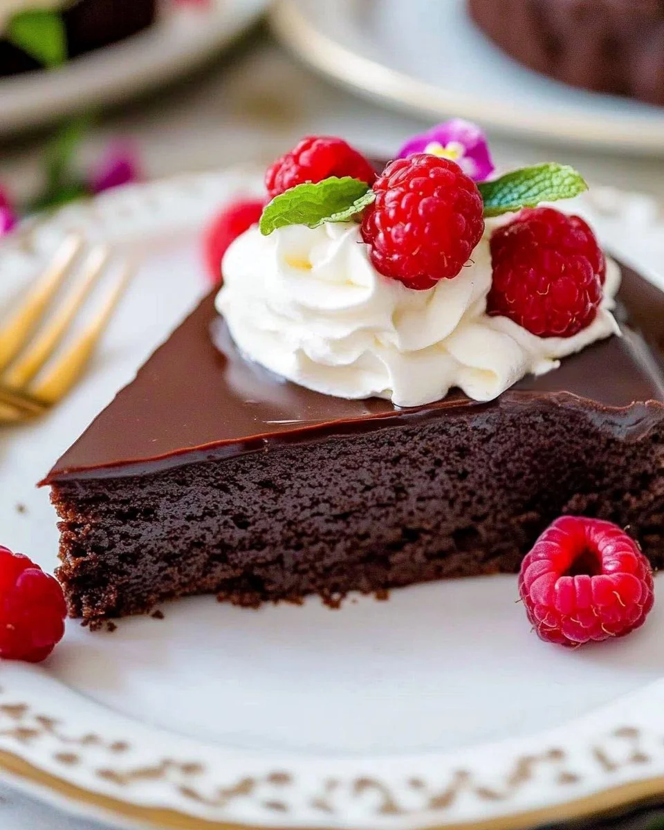 Delicious flourless chocolate cake topped with chocolate ganache.