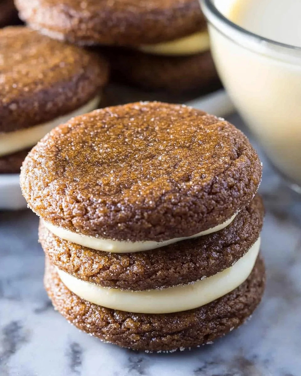 Ginger Molasses Sandwich Cookies on a white plate with festive decorations