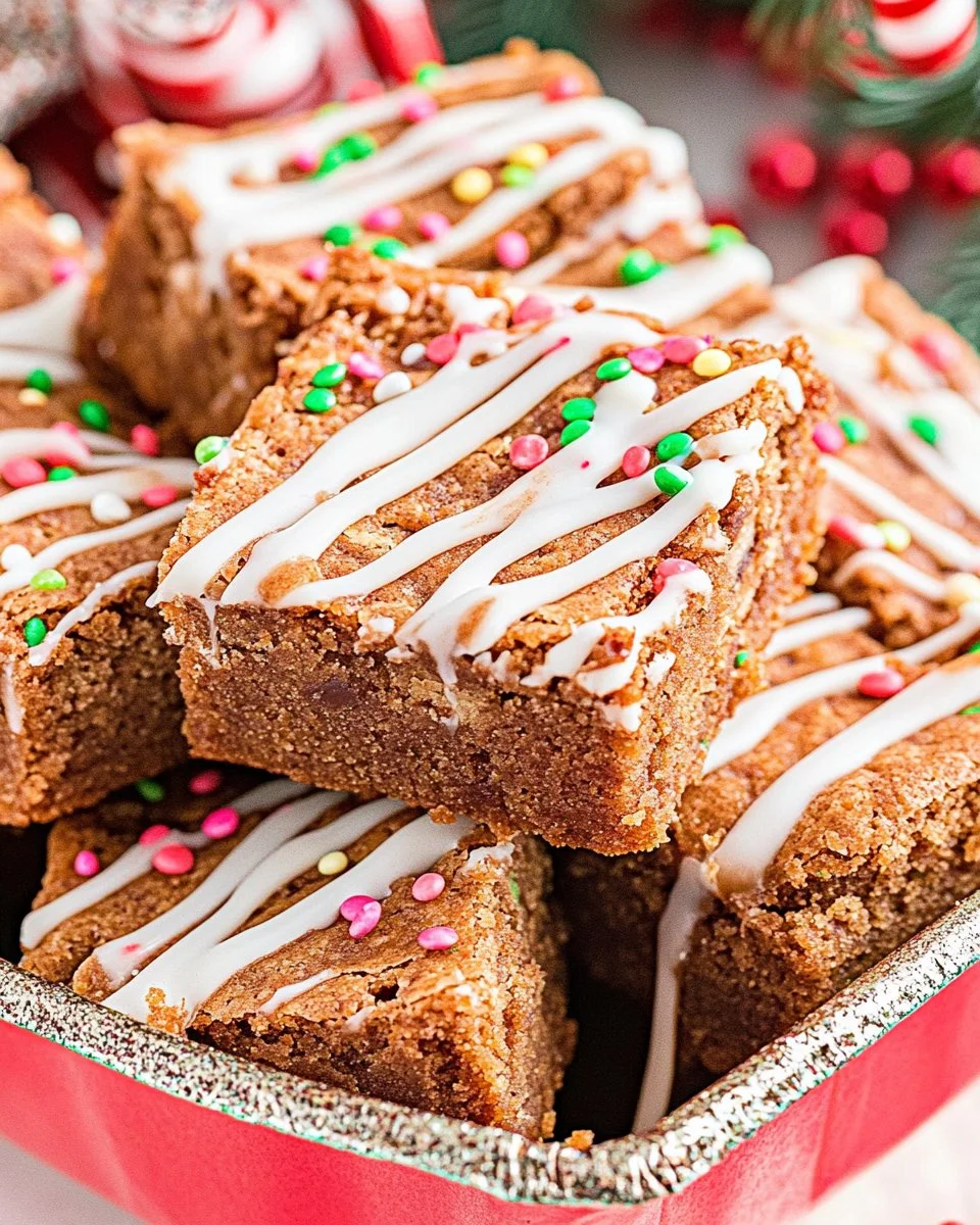Delicious gingerbread blondies topped with powdered sugar on a festive plate.
