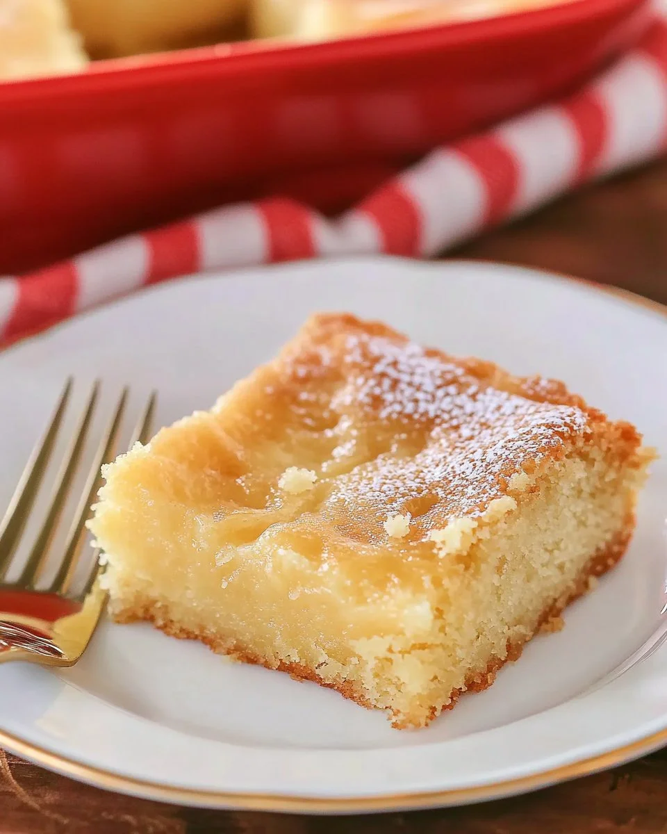 Delicious slice of Gooey Butter Cake topped with powdered sugar