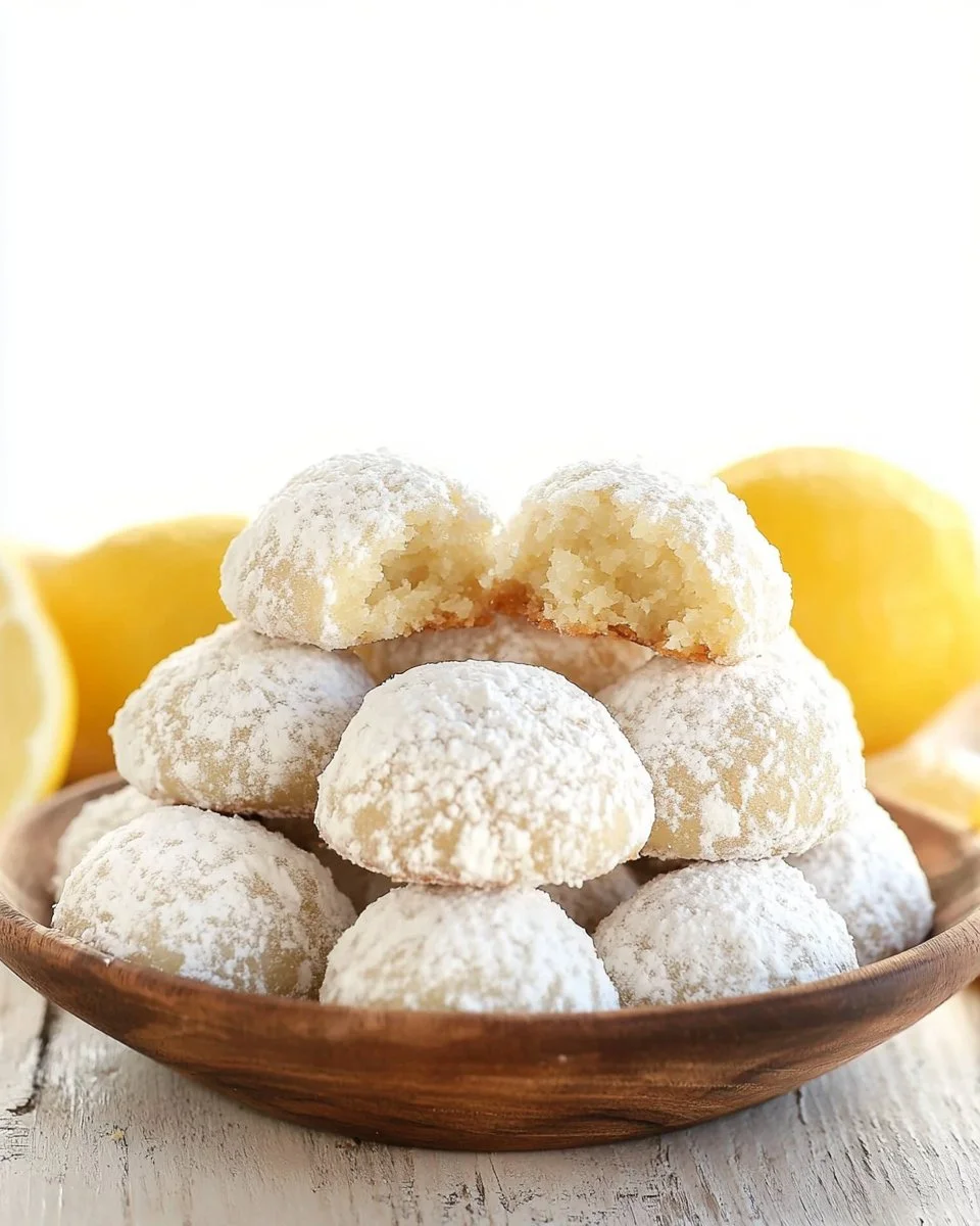 Batch of delicious Lemon Snowball Cookies dusted with powdered sugar