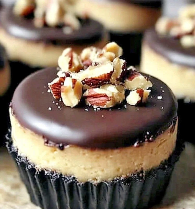 Mini Buckeye Cheesecakes topped with chocolate and peanut butter