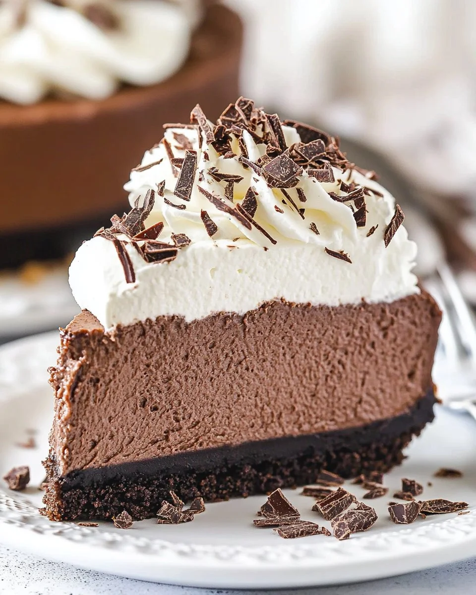 No Bake Chocolate Cheesecake Bliss dessert with a chocolate crust and creamy filling