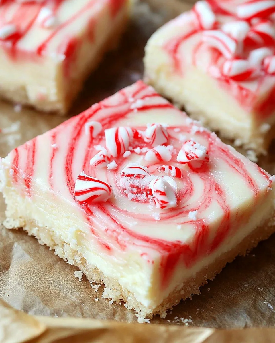 Decadent peppermint cheesecake bars topped with peppermint sprinkles.