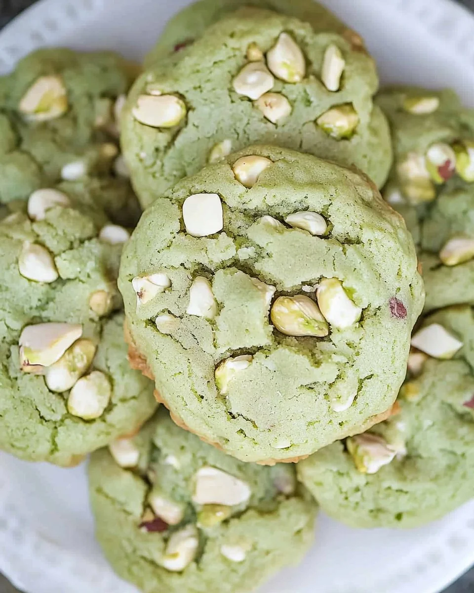 Freshly baked Pistachio White Chocolate Cookies on a baking tray