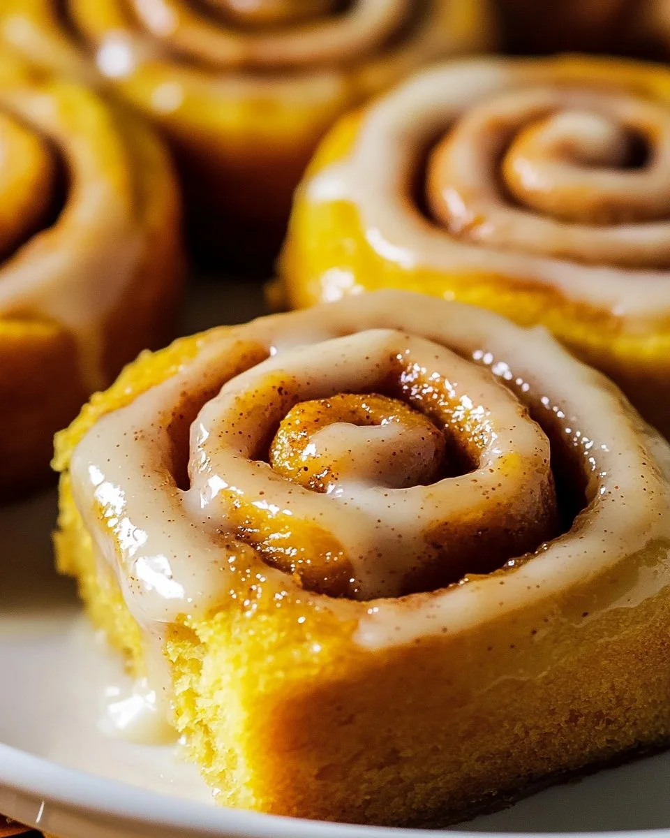 Delicious pumpkin cinnamon rolls with cream cheese frosting on a plate