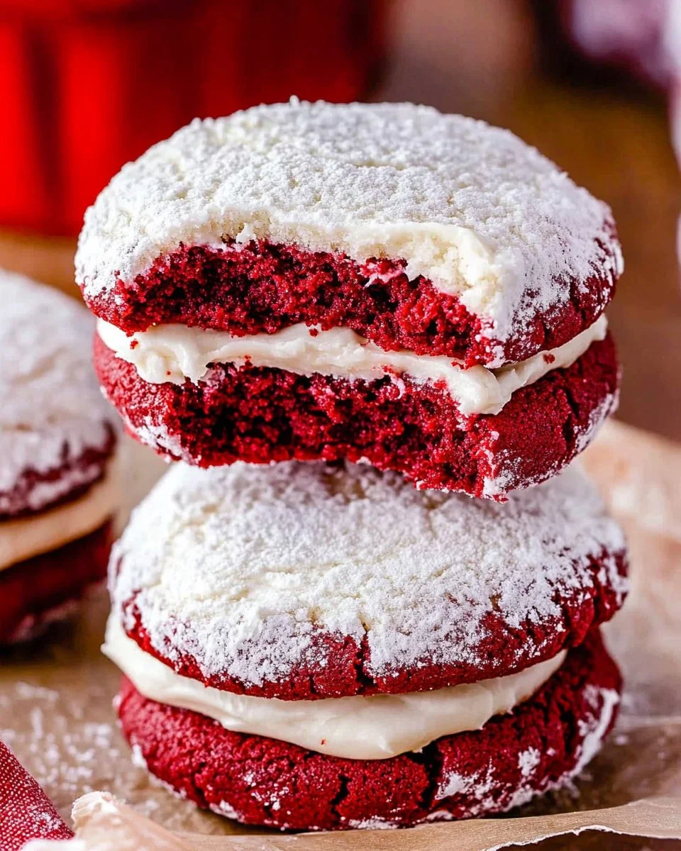 Delicious red velvet sandwich cookies with creamy filling between two soft cookies