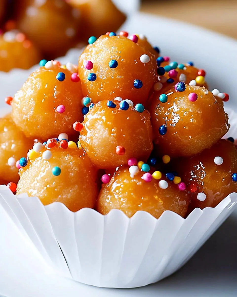 Delicious Struffoli dessert with honey and sprinkles on a festive table