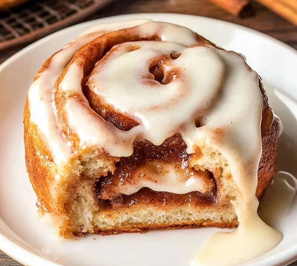 Homemade cinnamon rolls topped with cream cheese frosting