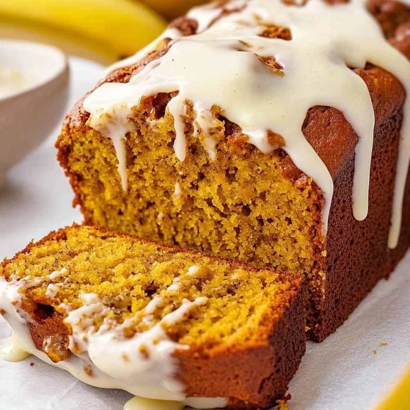 Slice of moist pumpkin banana bread on a wooden board