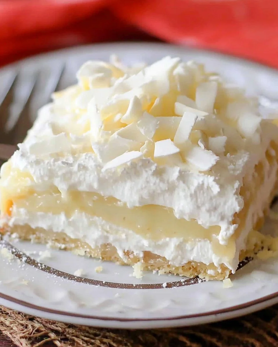 Delicious homemade white chocolate lasagna dessert in a serving dish