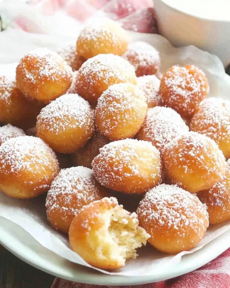Delicious homemade Zeppole dusted with powdered sugar.
