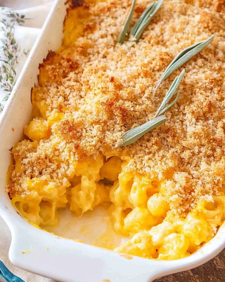 Creamy butternut squash mac and cheese topped with golden breadcrumbs