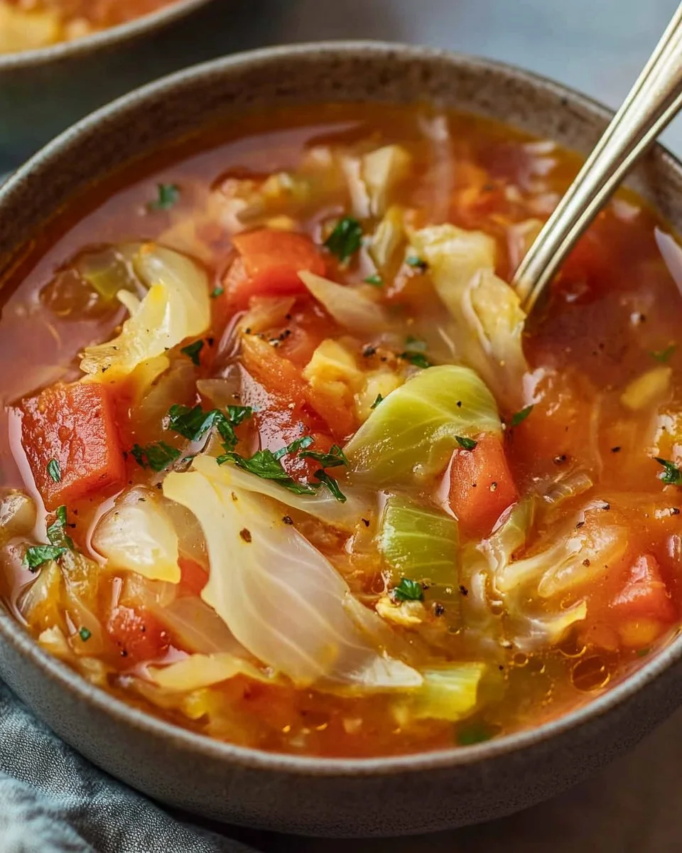 Bowl of healthy homemade cabbage soup with fresh ingredients