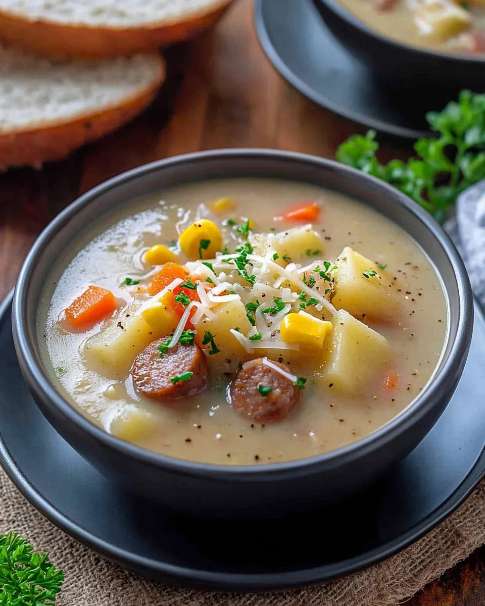 Bowl of kielbasa potato soup with sausage and potatoes garnished with herbs