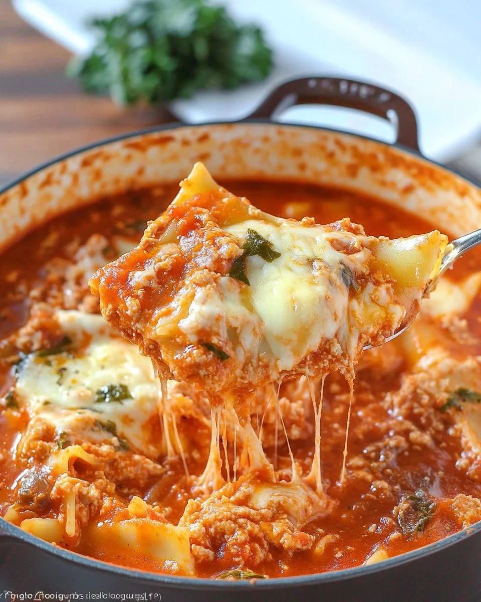 A bowl of hearty lasagna soup topped with melted cheese and fresh herbs.