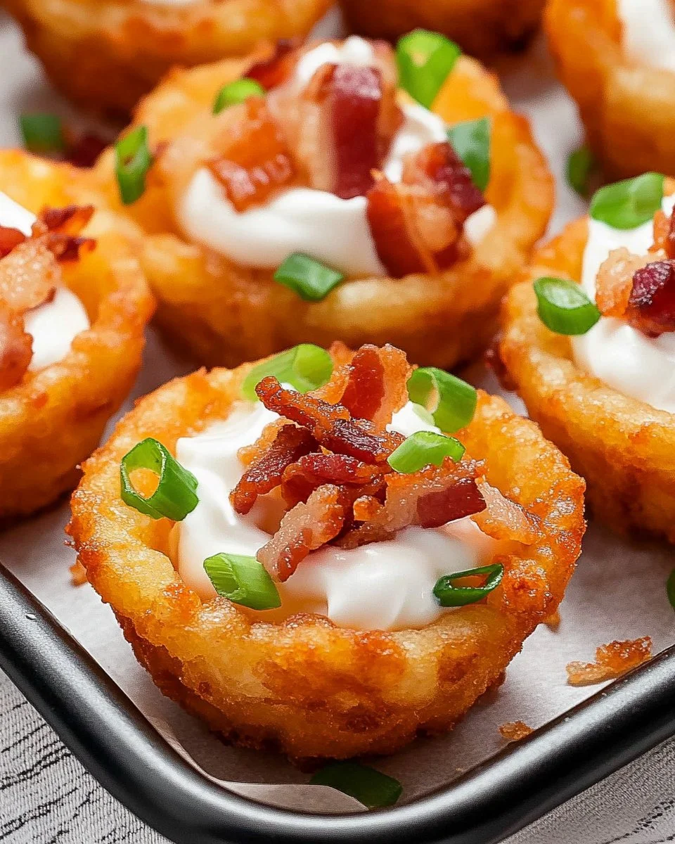 Delicious loaded tater tot cups topped with cheese and bacon, perfect for sharing