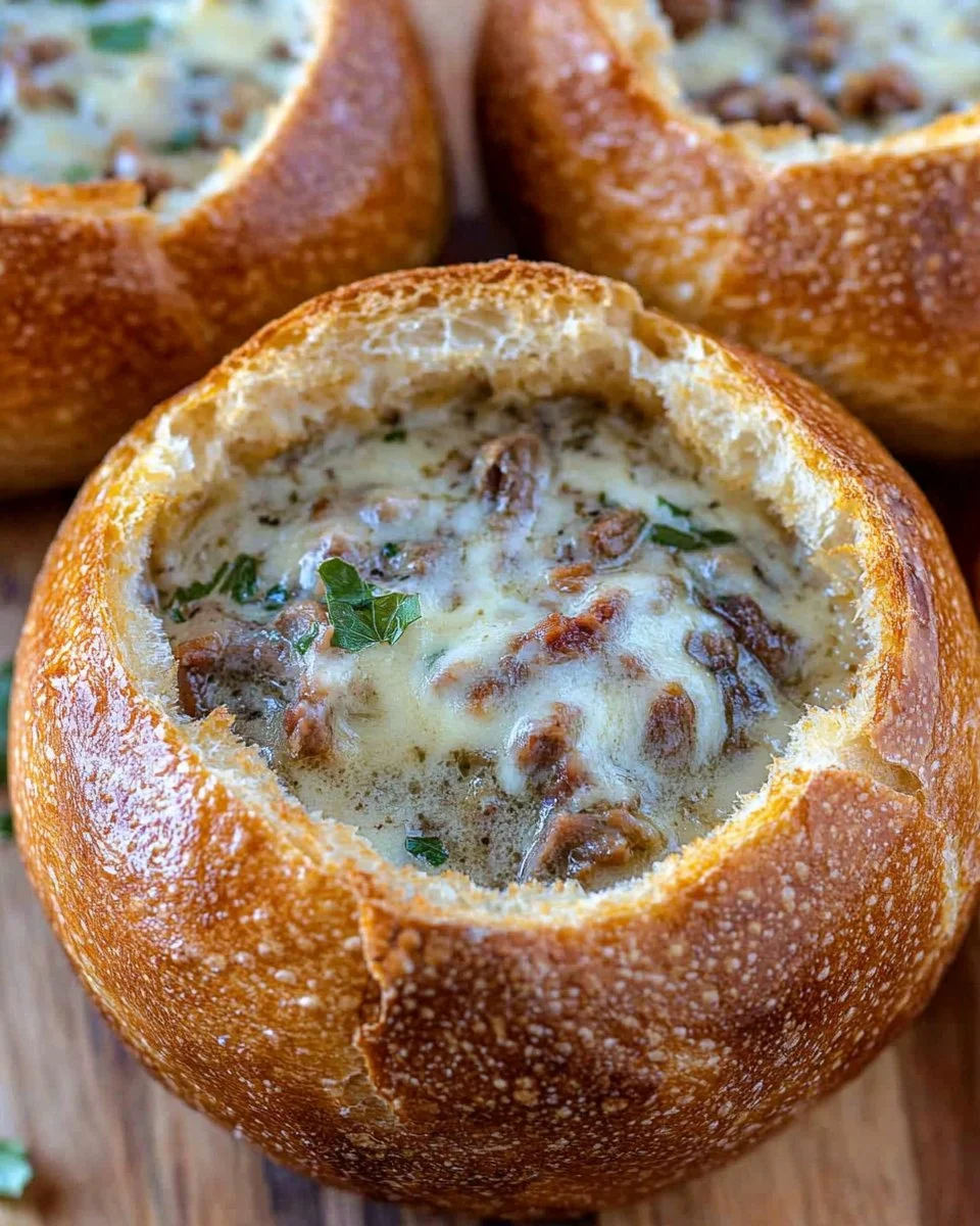Bowl of Philly Cheesesteak Soup with cheese, peppers, and onions