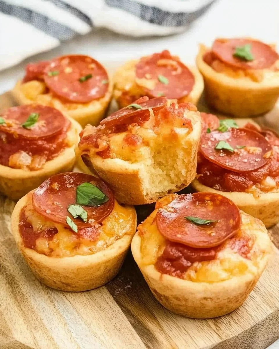 A plate of freshly baked pizza muffins topped with pepperoni and cheese.